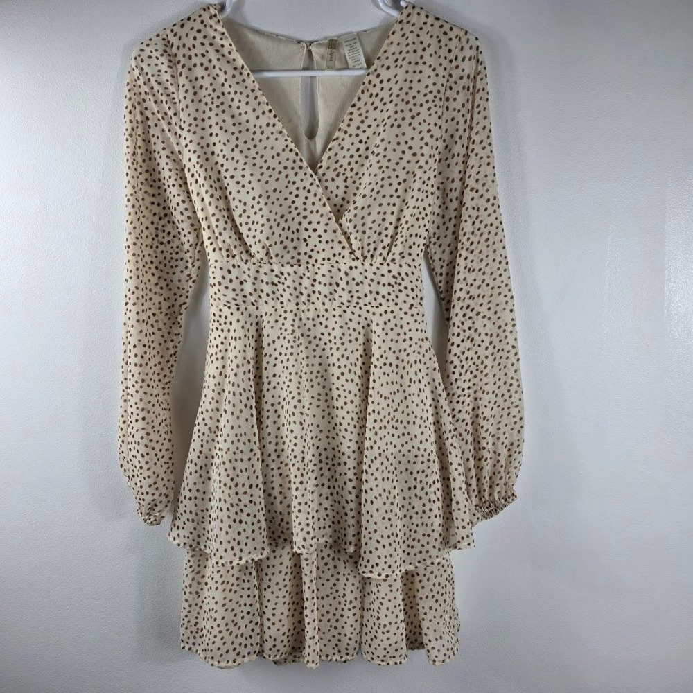 Japna Women's Polka Dot Ruffle Tiered Mini Dress Long Sleeve Wrap V-Neck XS‎